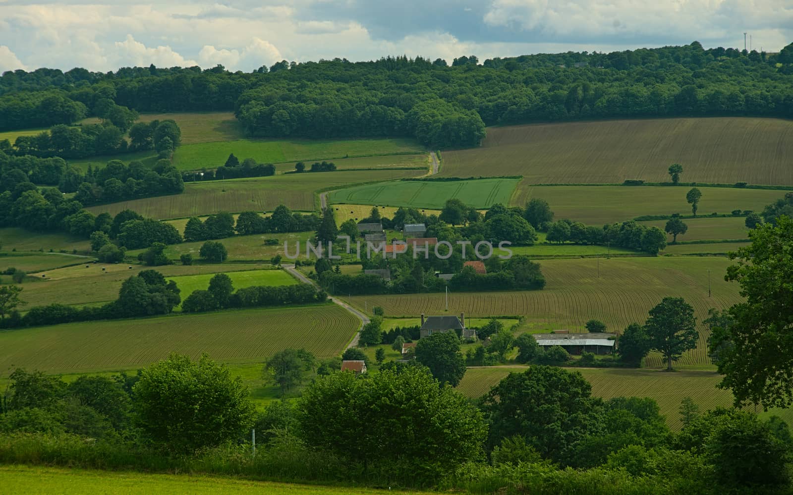 View from the hill on tranquil landscape in rural Normandy