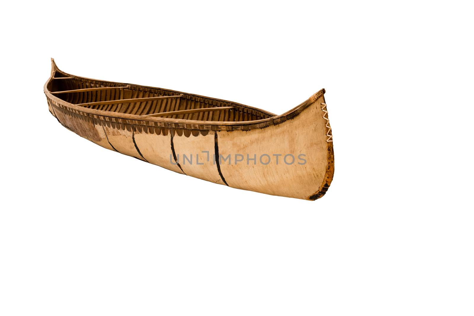 Antique American Thin Wood Canoe Isolated Against White Background
