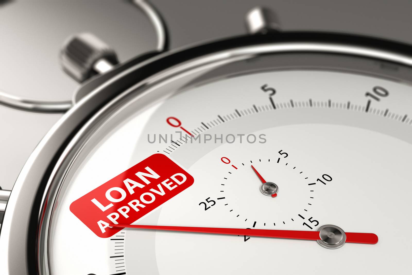 3D illustration of chronometer with needle pointing the text loan approved. Quick approval concept