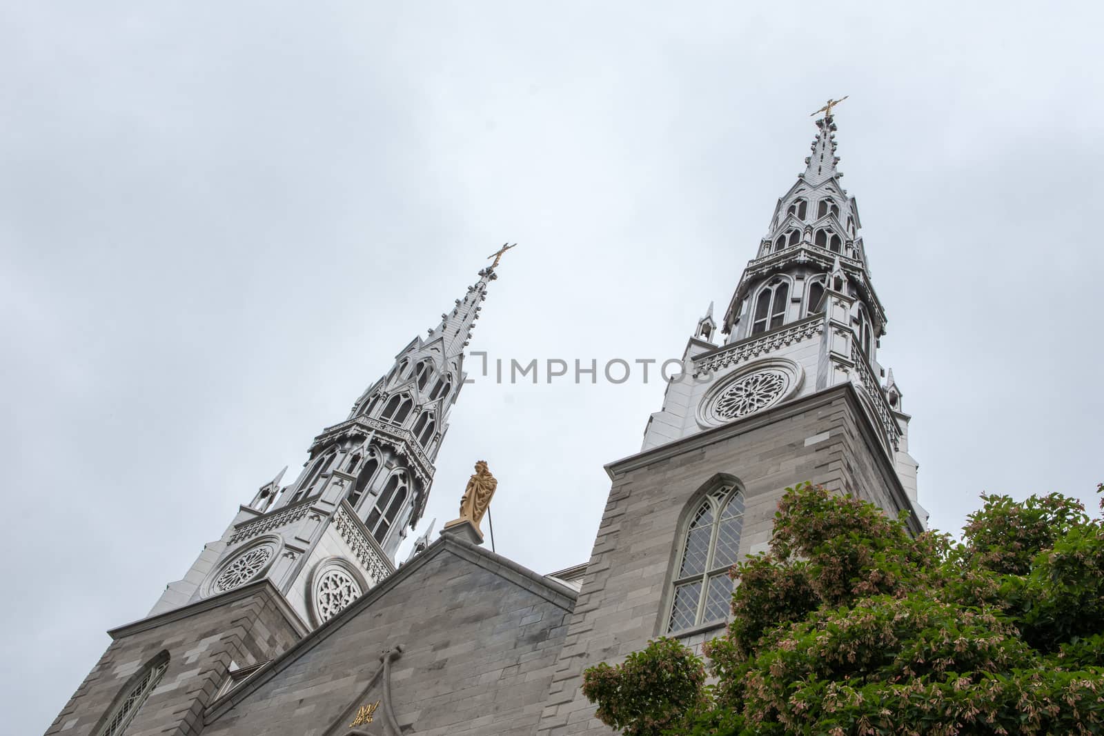 Photo, from below at an angle, of two church domes through the leaves of trees against a cloudy sky