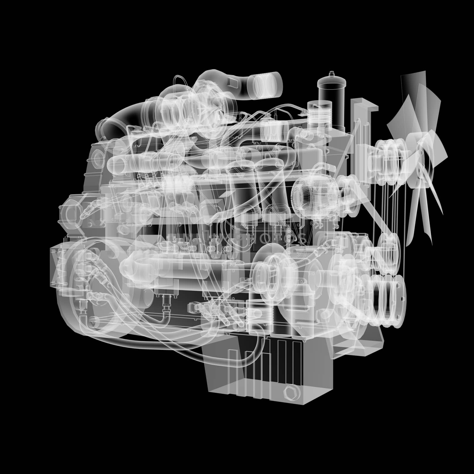 Internal combustion engine X-Ray style. Isolated on black background. 3D illustration