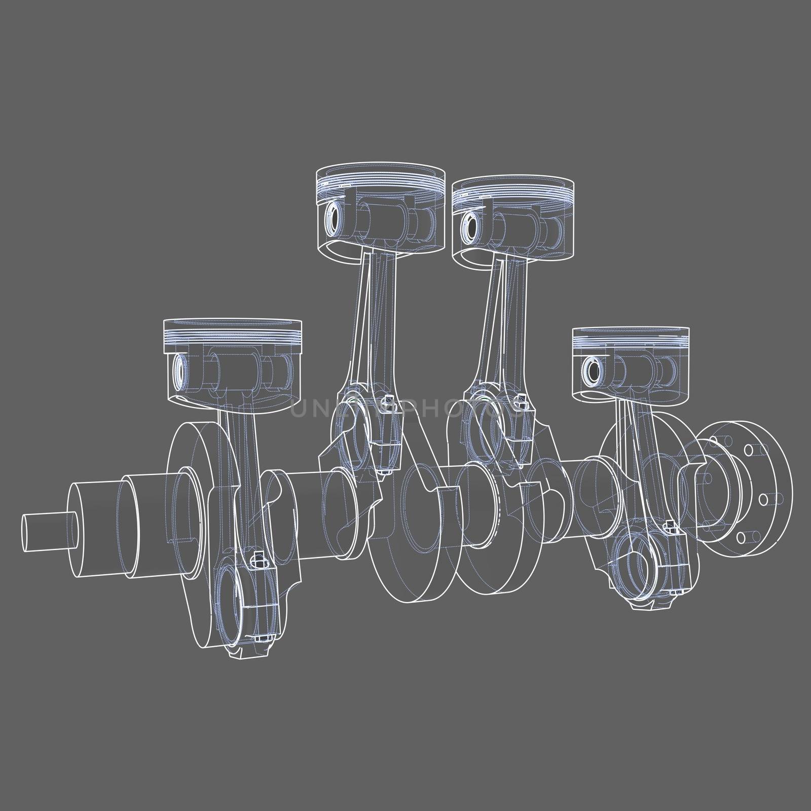 Engine pistons outline. 3D illustration. White lines and grey background