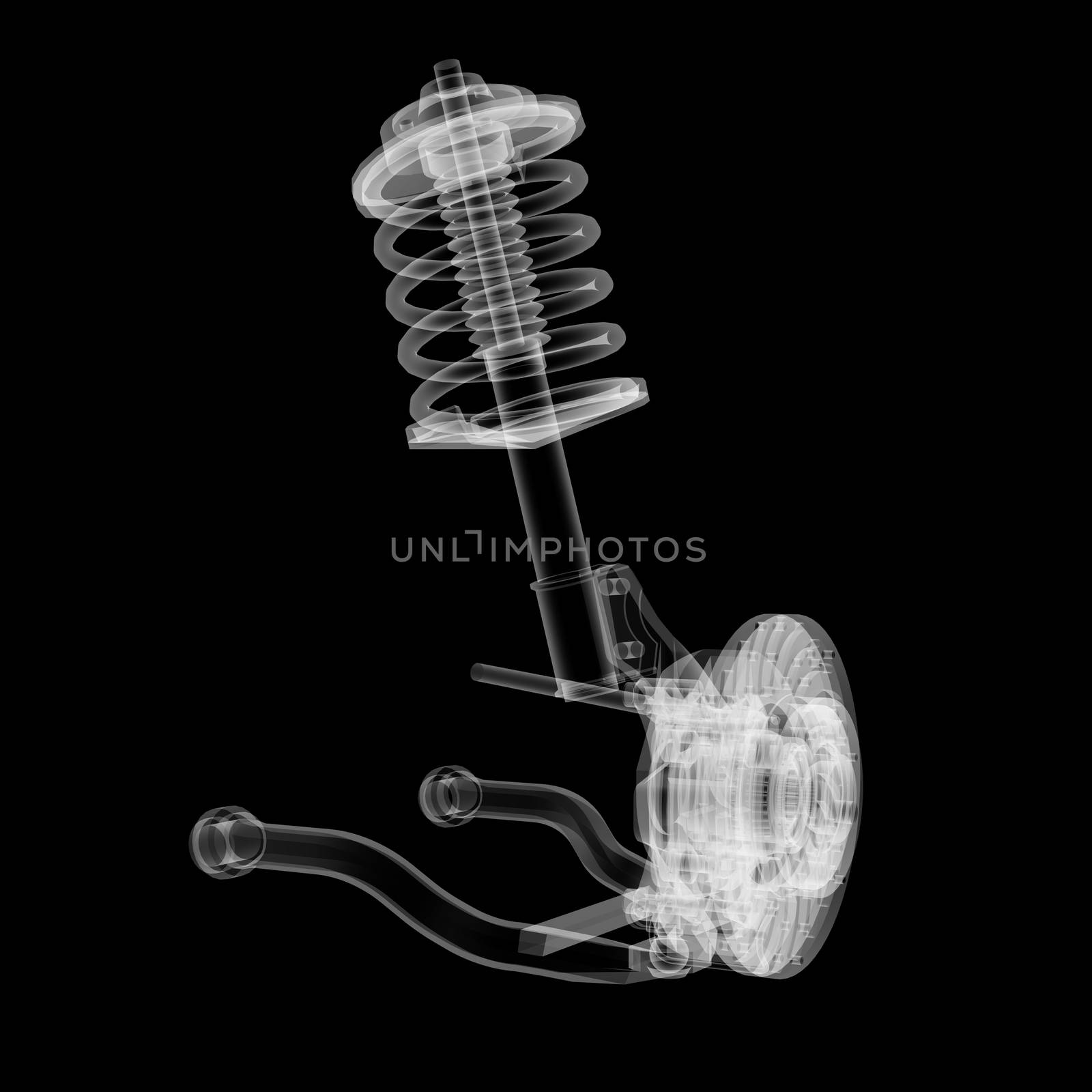 X-ray Car suspension and brake disk on black background, 3d illustration