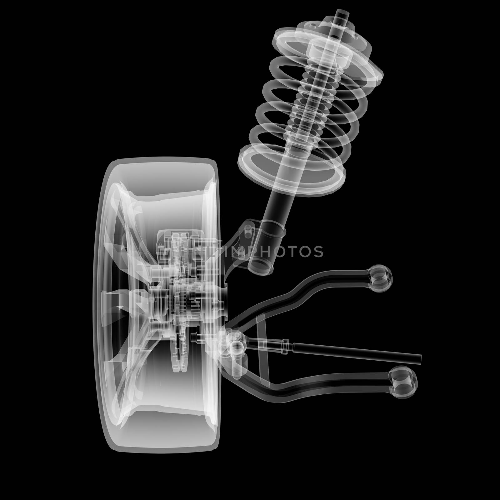 X-ray Car suspension and brake disk on black background, 3d illustration