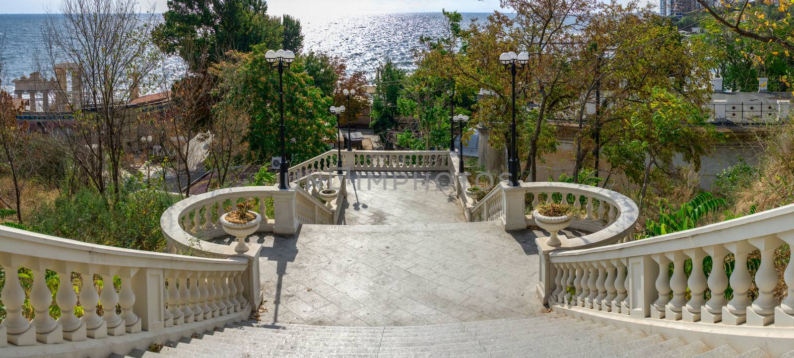 Odessa, Ukraine - 09.05.2019. Stairs to the sea in the resort of Arcadia in Odessa, Ukraine, on a sunny autumn day