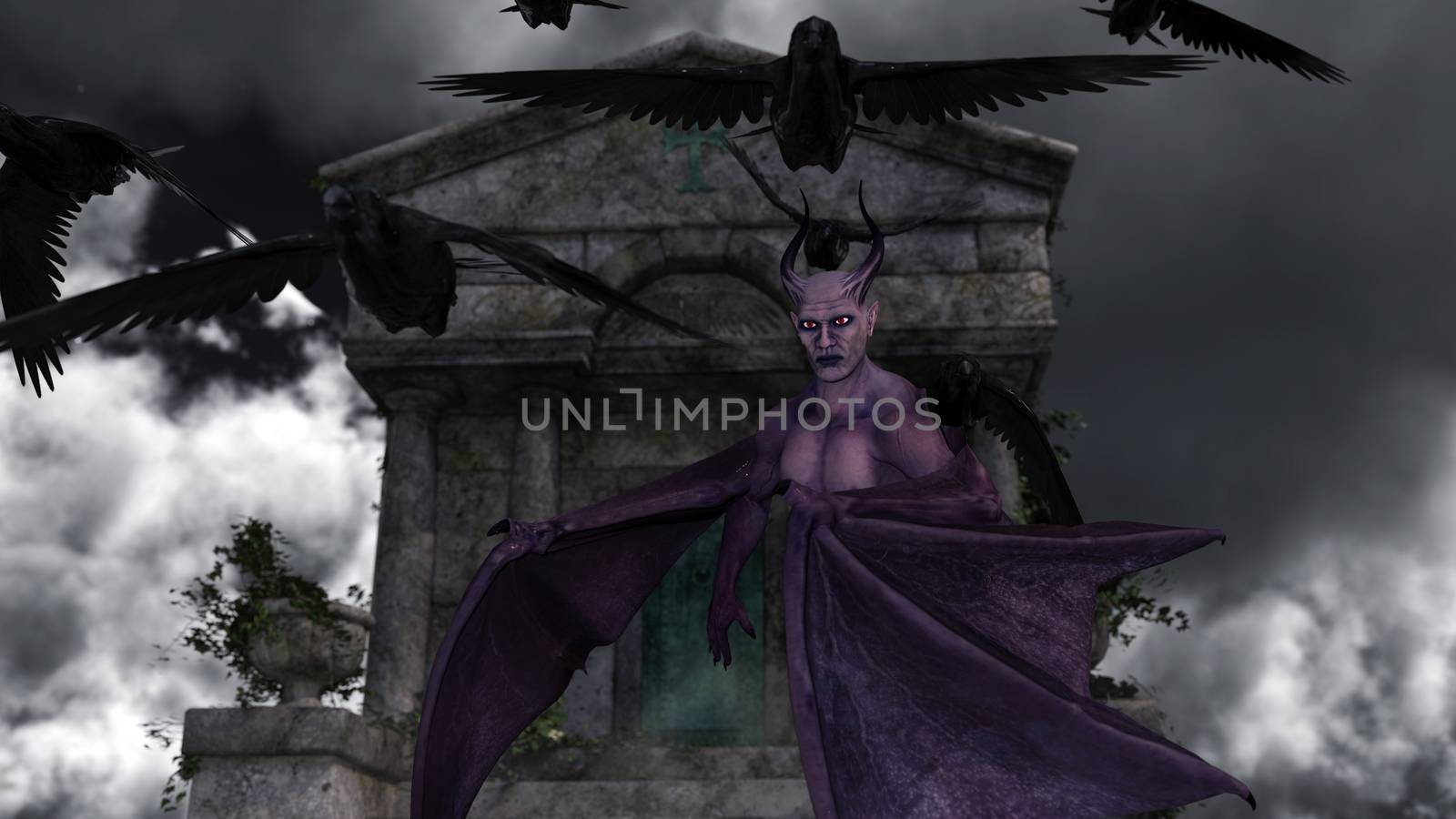 Fallen angel satan in old spooky mausoleum in moonlight - 3d rendering