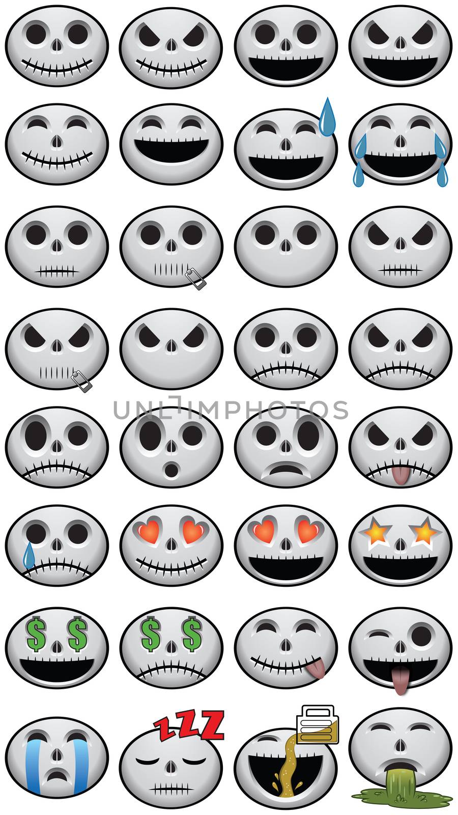 Thirty-two 32 Halloween Skull Emojis social media icon faces of emotion skulls