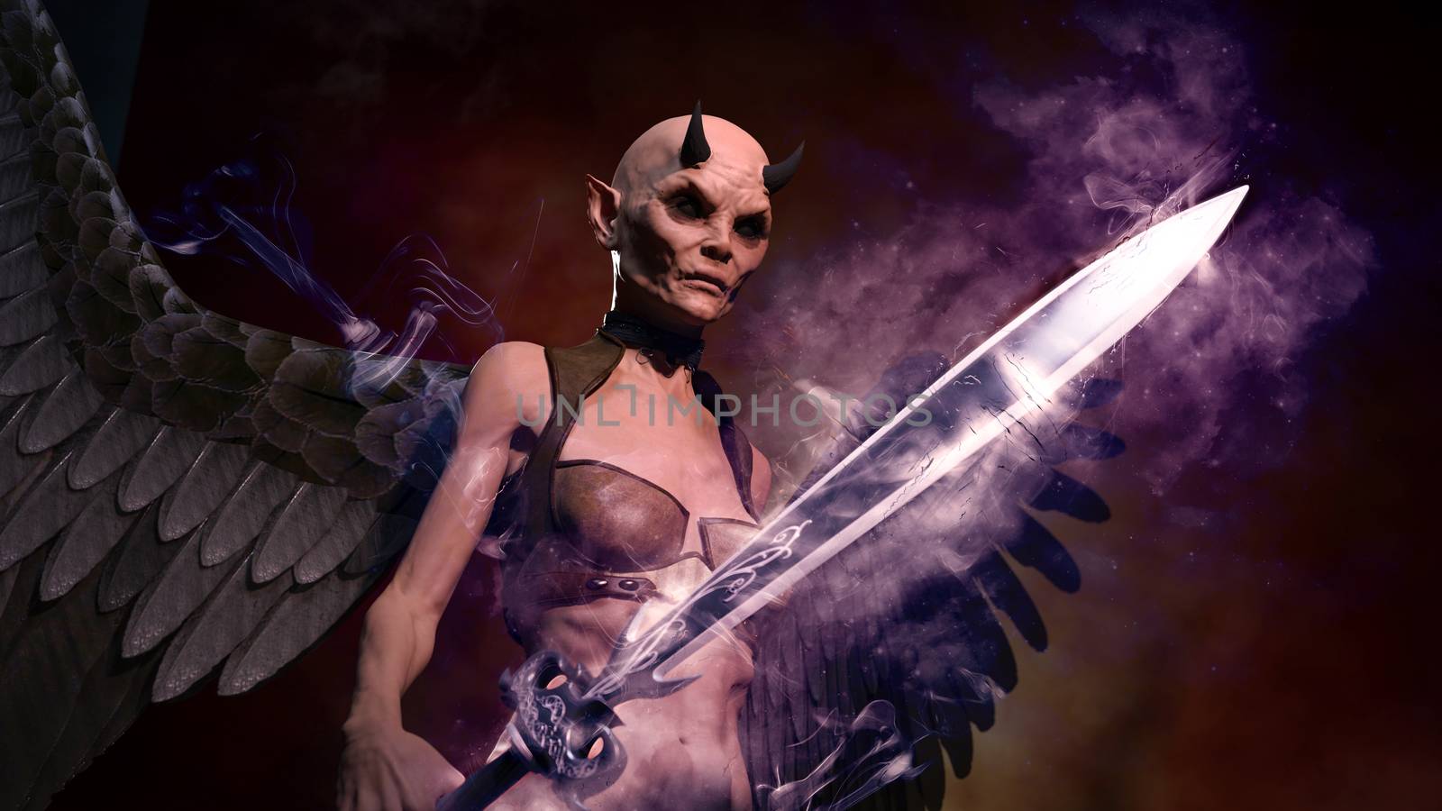 Horned female demon with sword posing over red dark background - 3d rendering