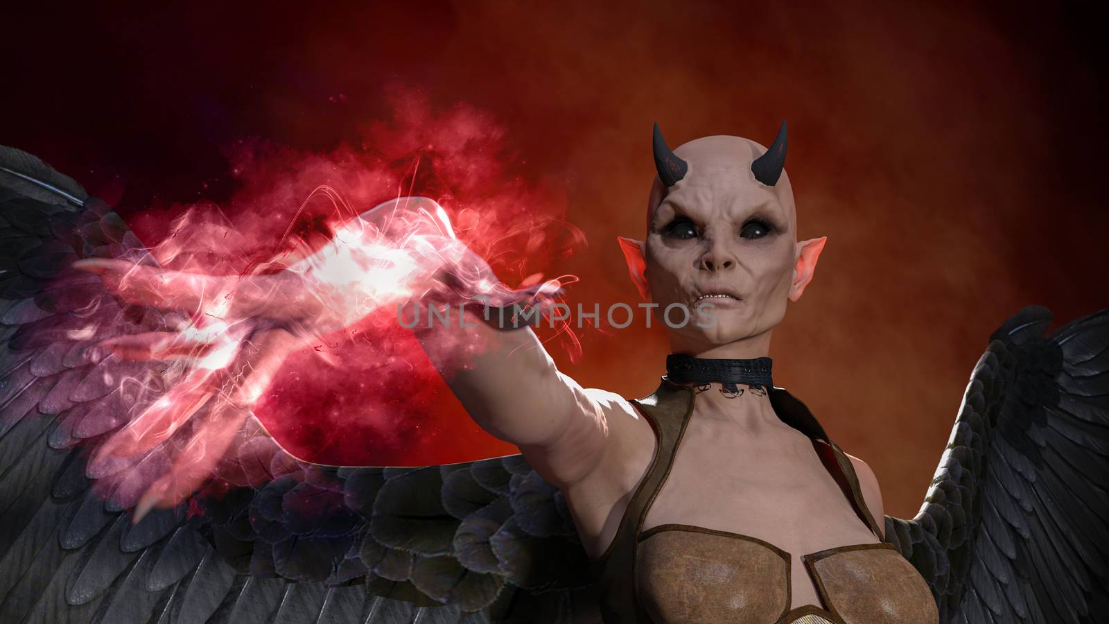 Horned female demon posing over red dark background by ankarb