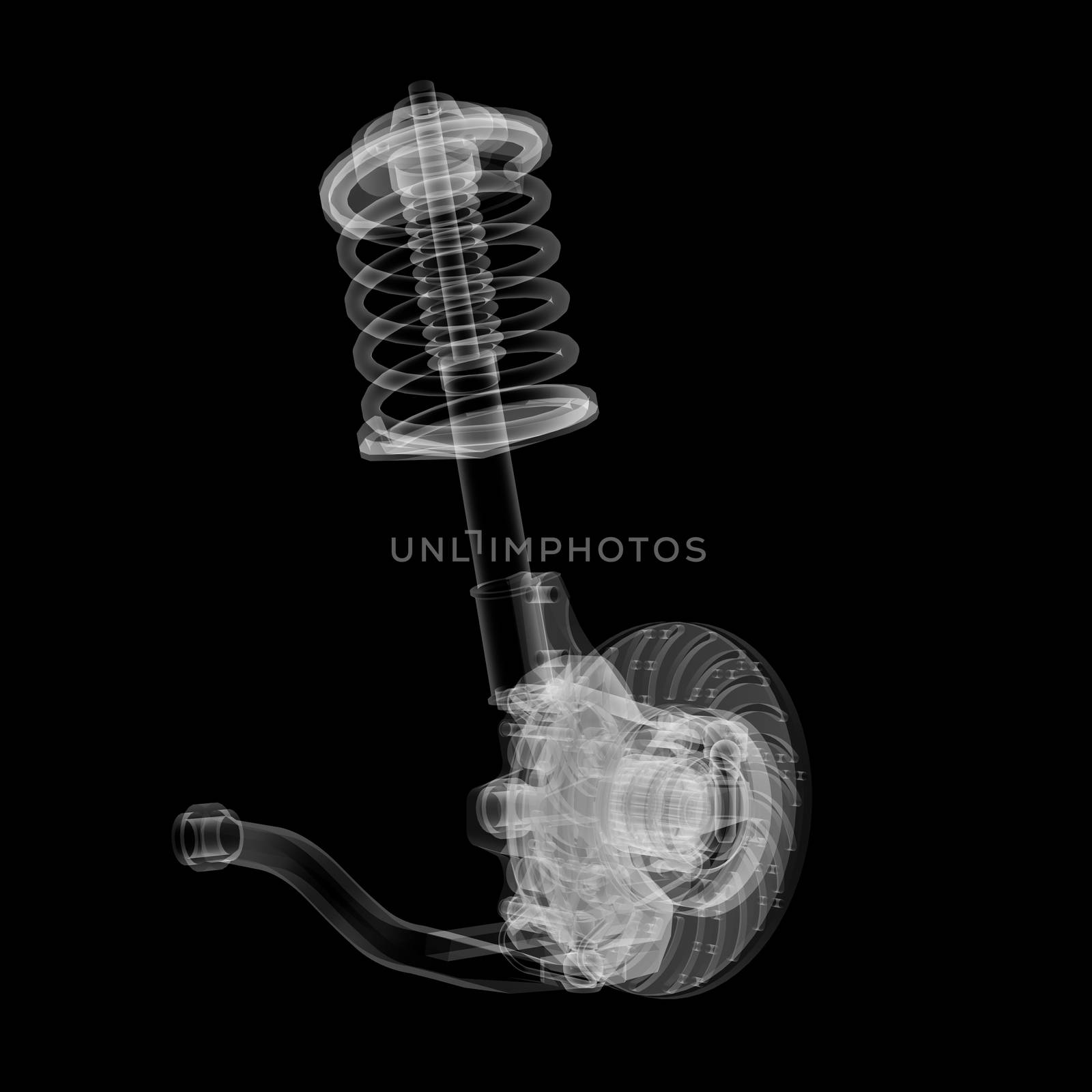 X-ray Car suspension and brake disk on black background, 3d illustration