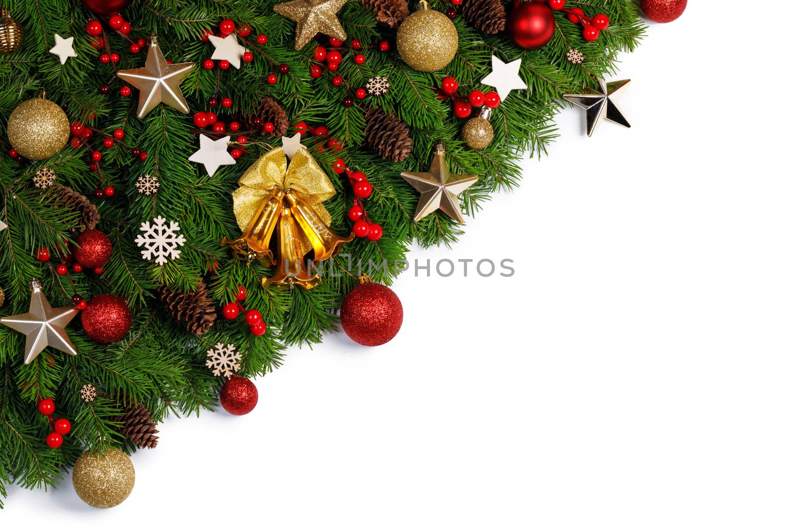 Christmas Border frame of tree branches on white background with copy space isolated, red and golden decor, berries, stars