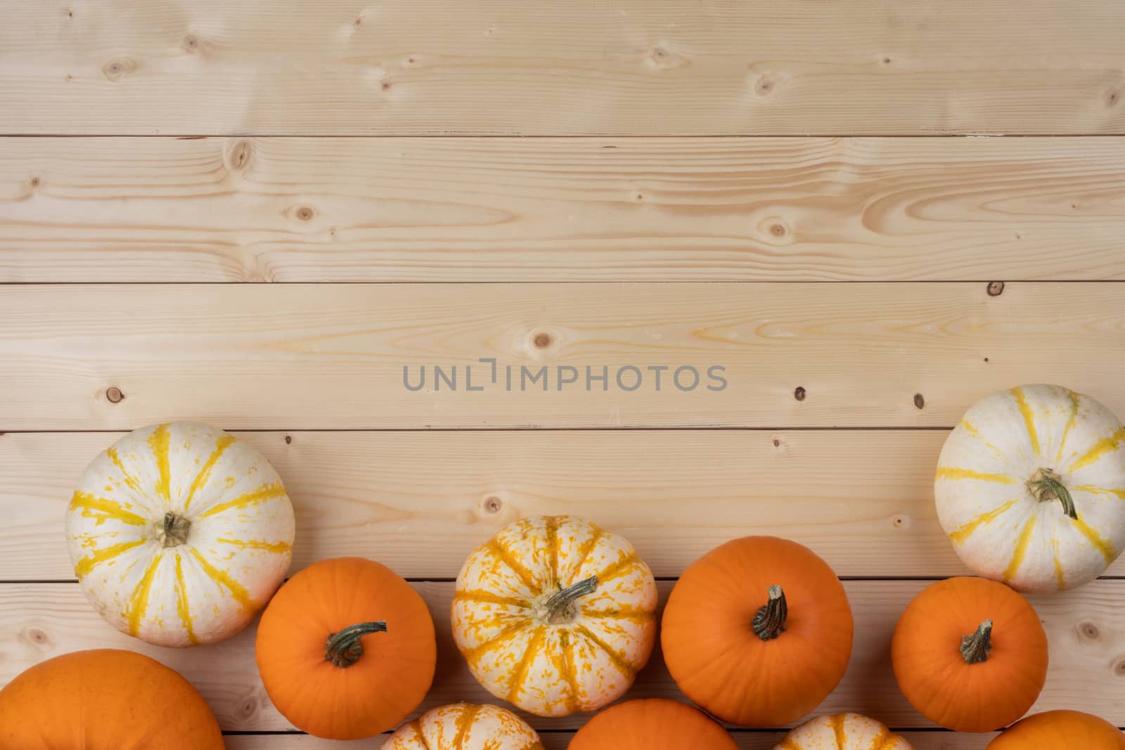 Many orange pumpkins on wooden background , Halloween concept , top view with copy space