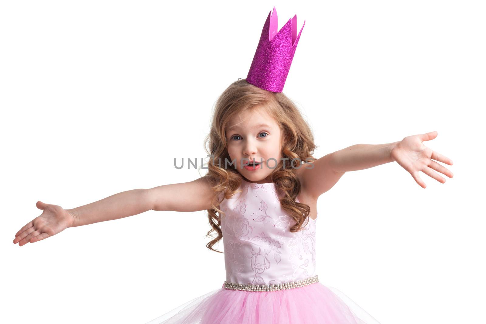 Beautiful little princess girl in crown posing with hands up in air saying, why, i dont know, so what