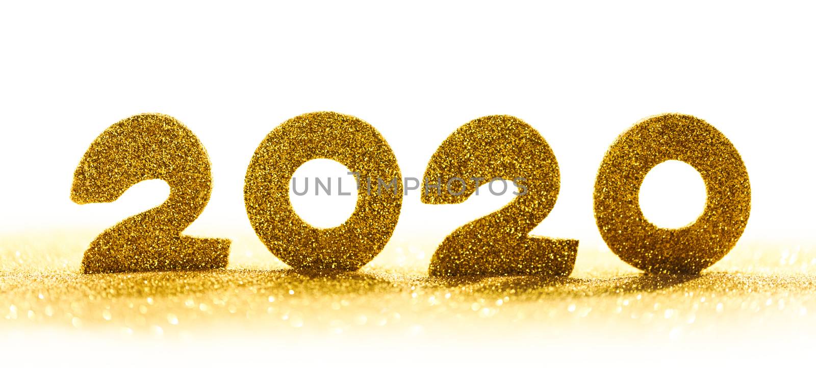 2020 New Year luxury design concept. Golden 2020 New Year horizontal template with golden glitter isolated on white backgound