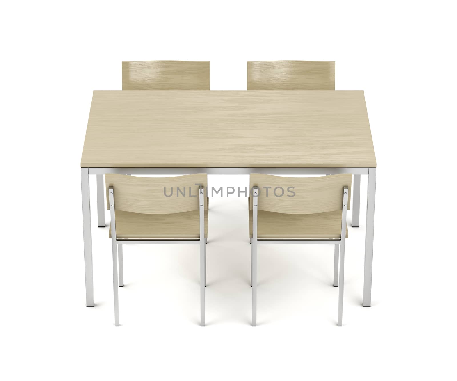 Wood dining table and four chairs on white background