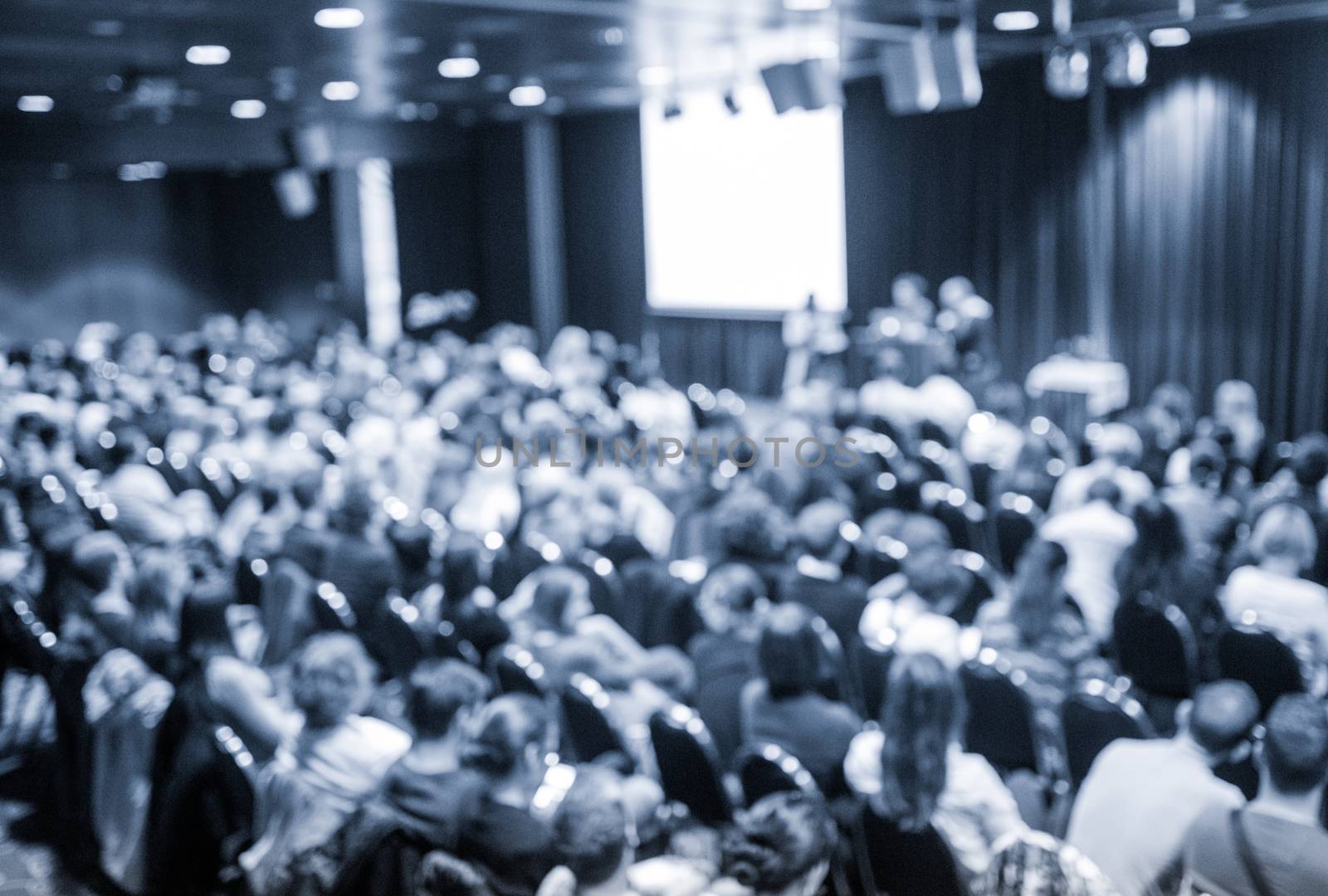 Business and entrepreneurship symposium. Speaker giving a talk at business meeting. Audience in conference hall. Rear view of unrecognized participant in audience.