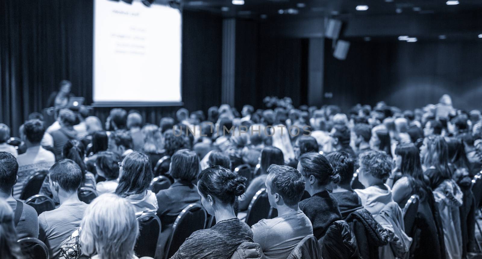 Business and entrepreneurship symposium. Speaker giving a talk at business meeting. Audience in conference hall. Rear view of unrecognized participant in audience.