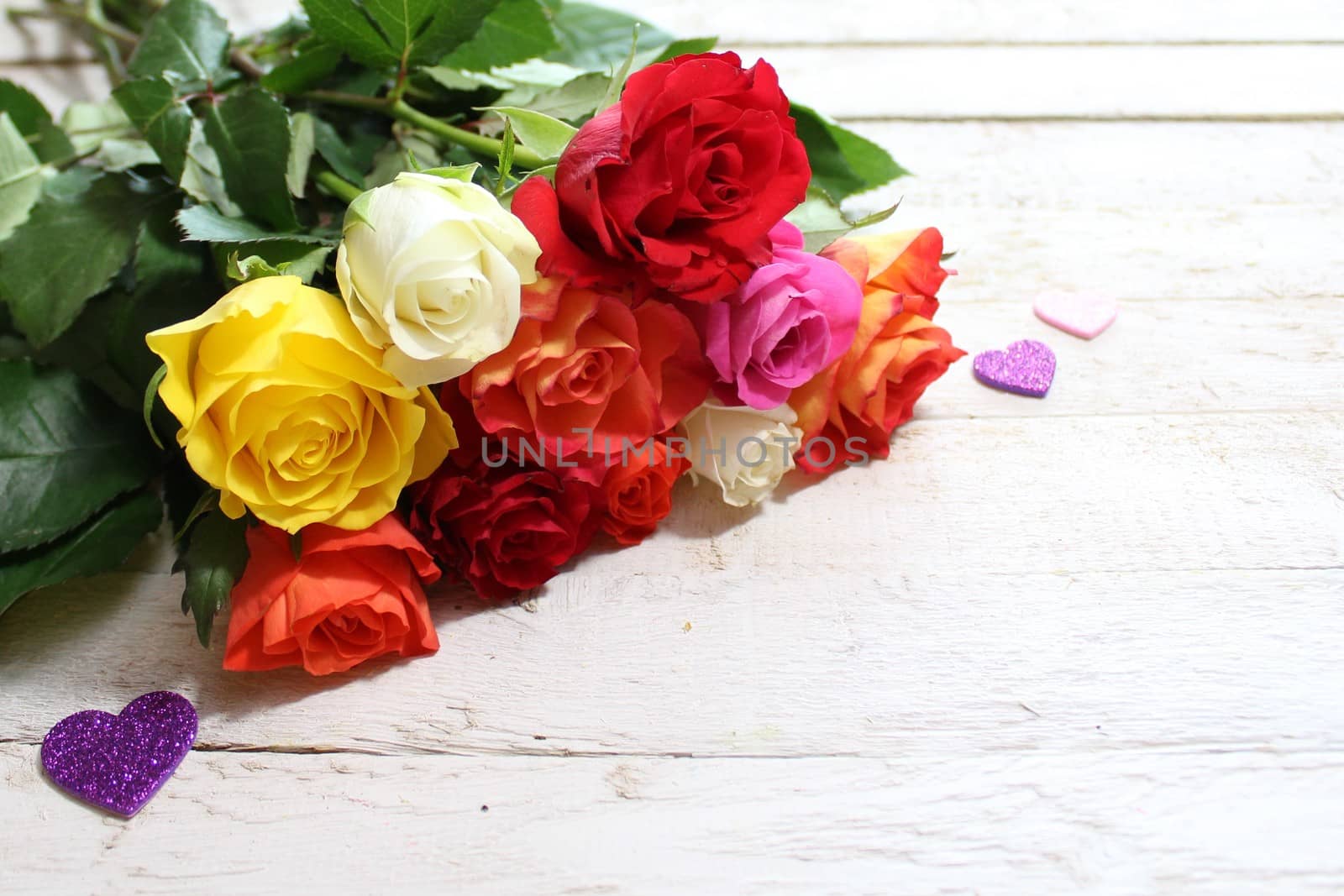 The picture shows colorful roses with hearts.