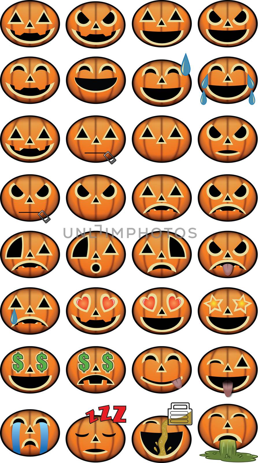 Thirty-two Halloween Emoji pumpkin jackolantern icons for social by illstudio
