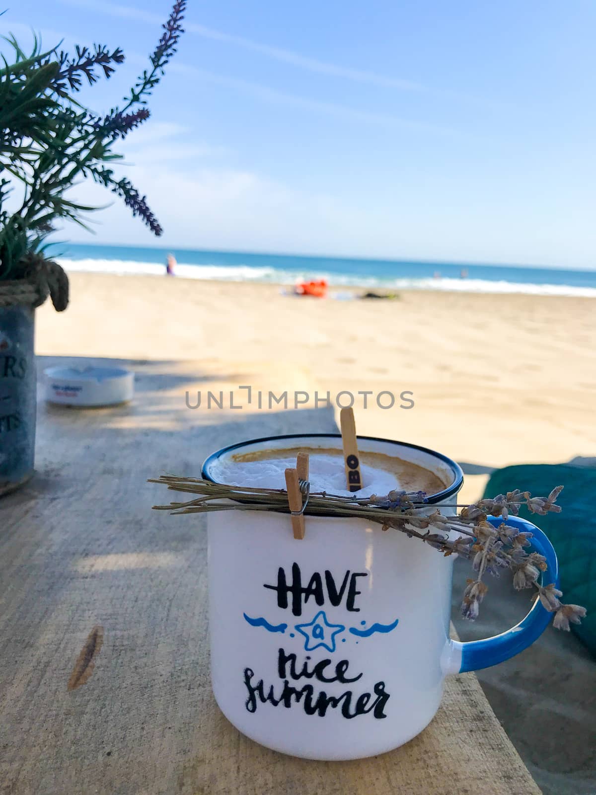 Pomorie, Bulgaria - September 12, 2019: Warm Cappuccino On The Beach.