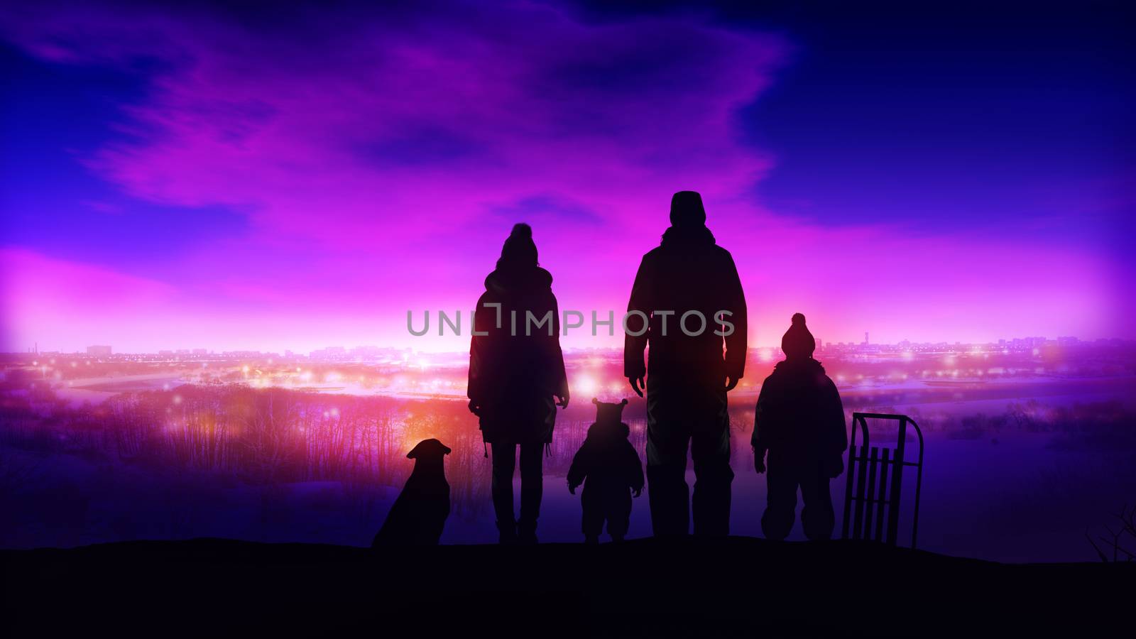 Bright background with family silhouettes watching the beautiful winter sunset and city lights from above.