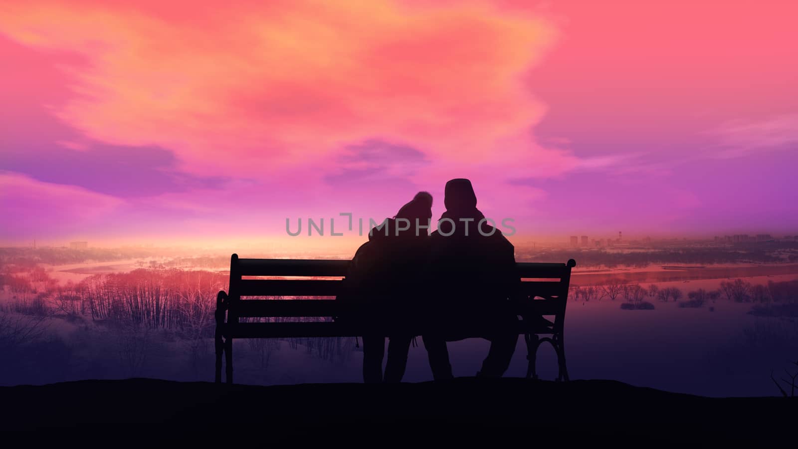Couple on a bench looks at a winter landscape. by ConceptCafe