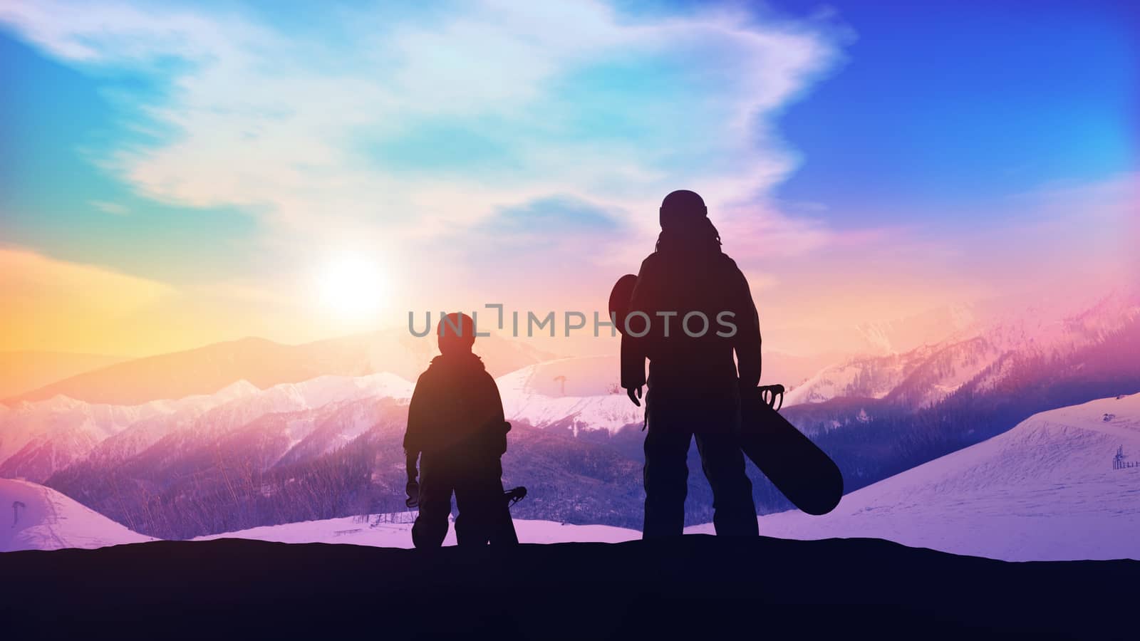 Father and son on the slope of the snowboard track. by ConceptCafe