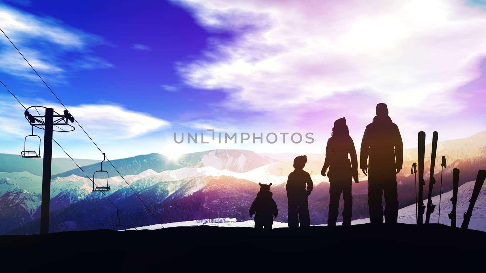 The family is standing on the ski slope opposite the setting sun.
