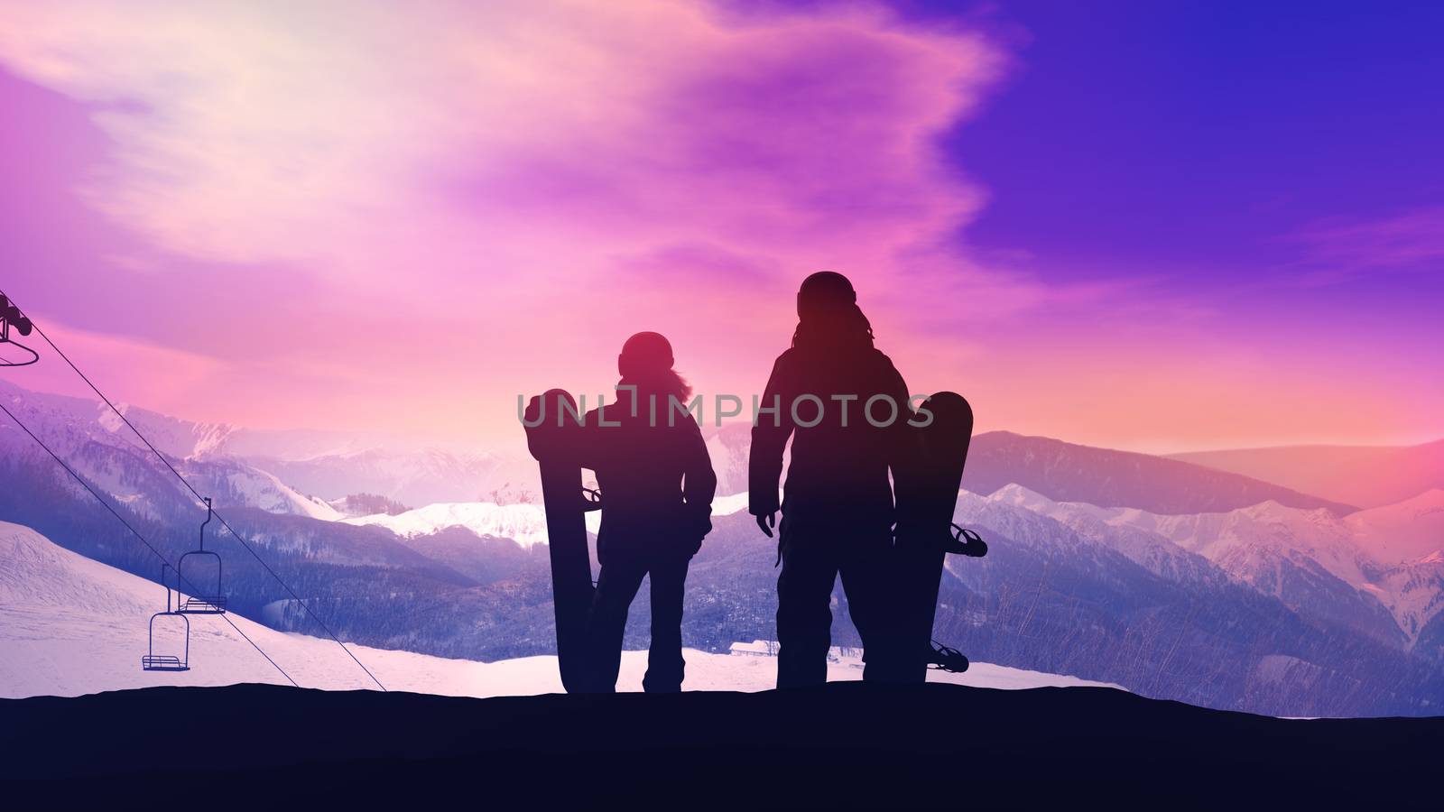 Silhouettes of two snowboarders standing on a hillside.