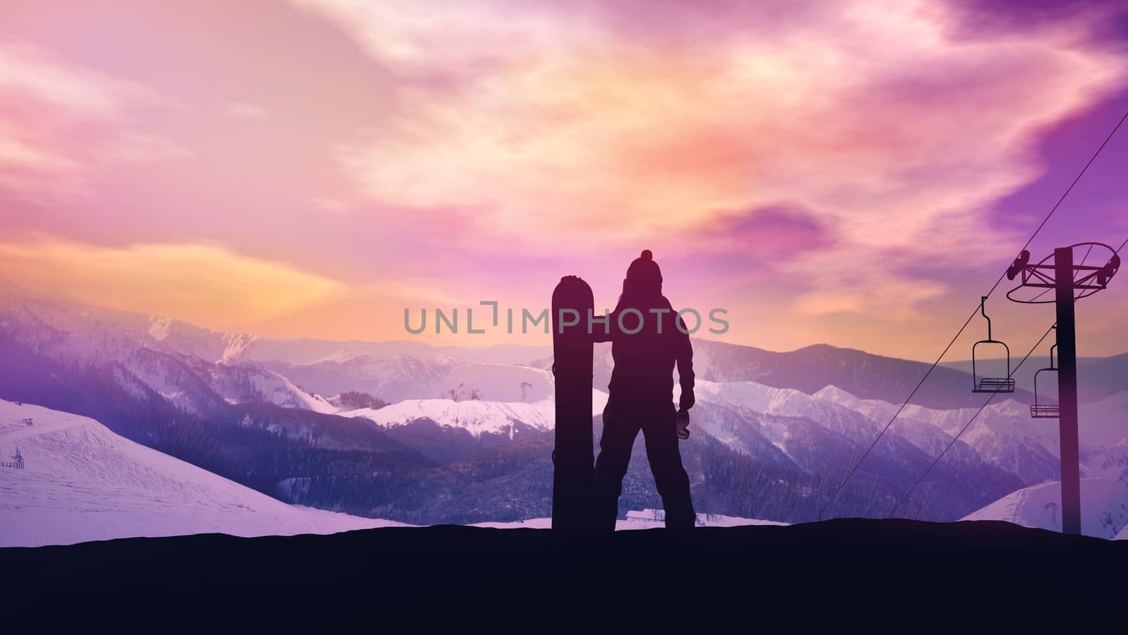 Snowboarder on a background of sunset in the mountains. by ConceptCafe