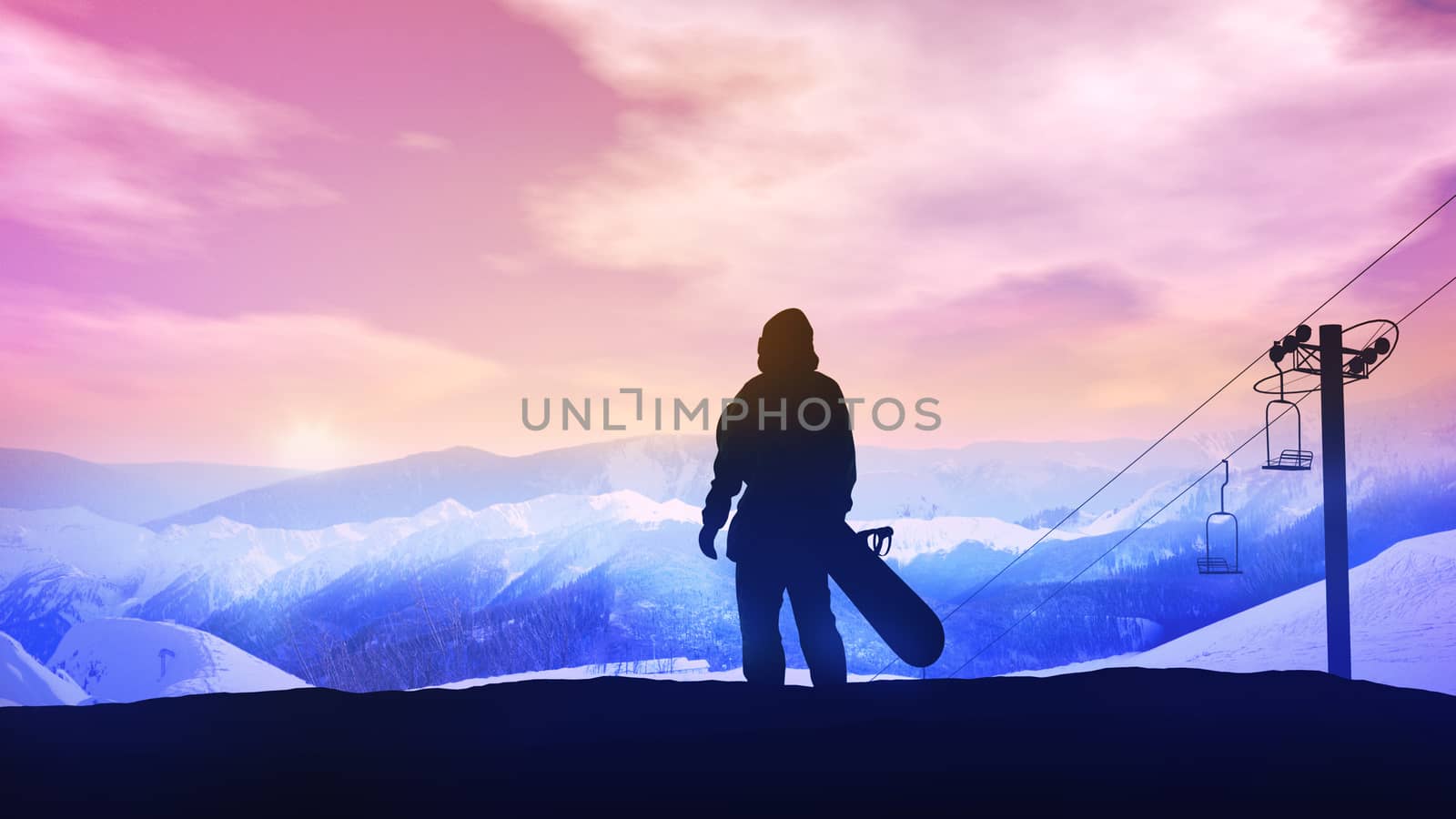 Against the backdrop of a bright purple sunset in the mountains stands a dark silhouette of a snowboarder.