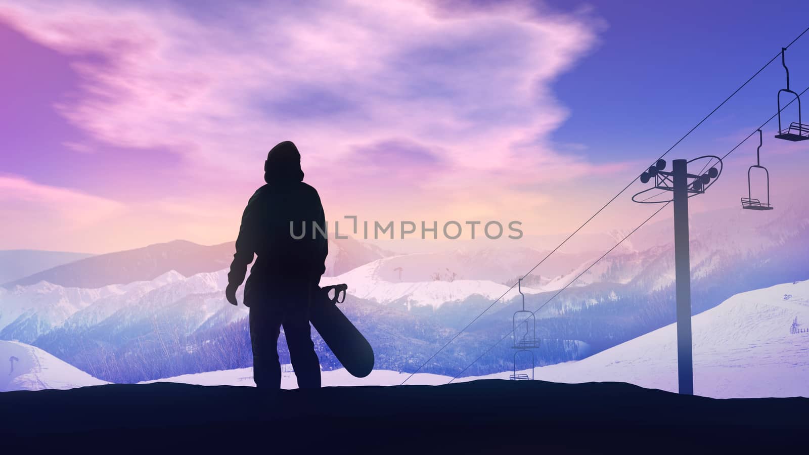 Dark silhouette of a snowboarder against the backdrop the snowy mountains.