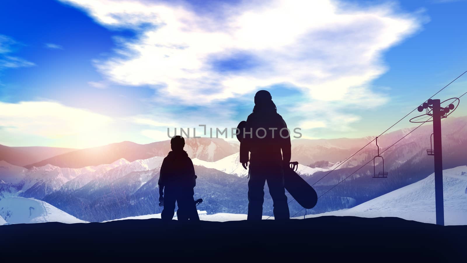 Silhouettes of a family with snowboards against the background of snow-capped peaks.