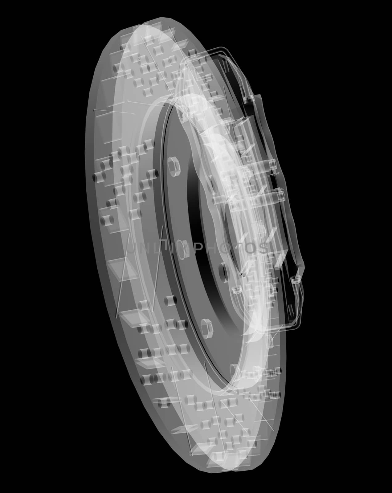 Brake disc and pads X-Ray style. Isolated on black background. 3D illustration
