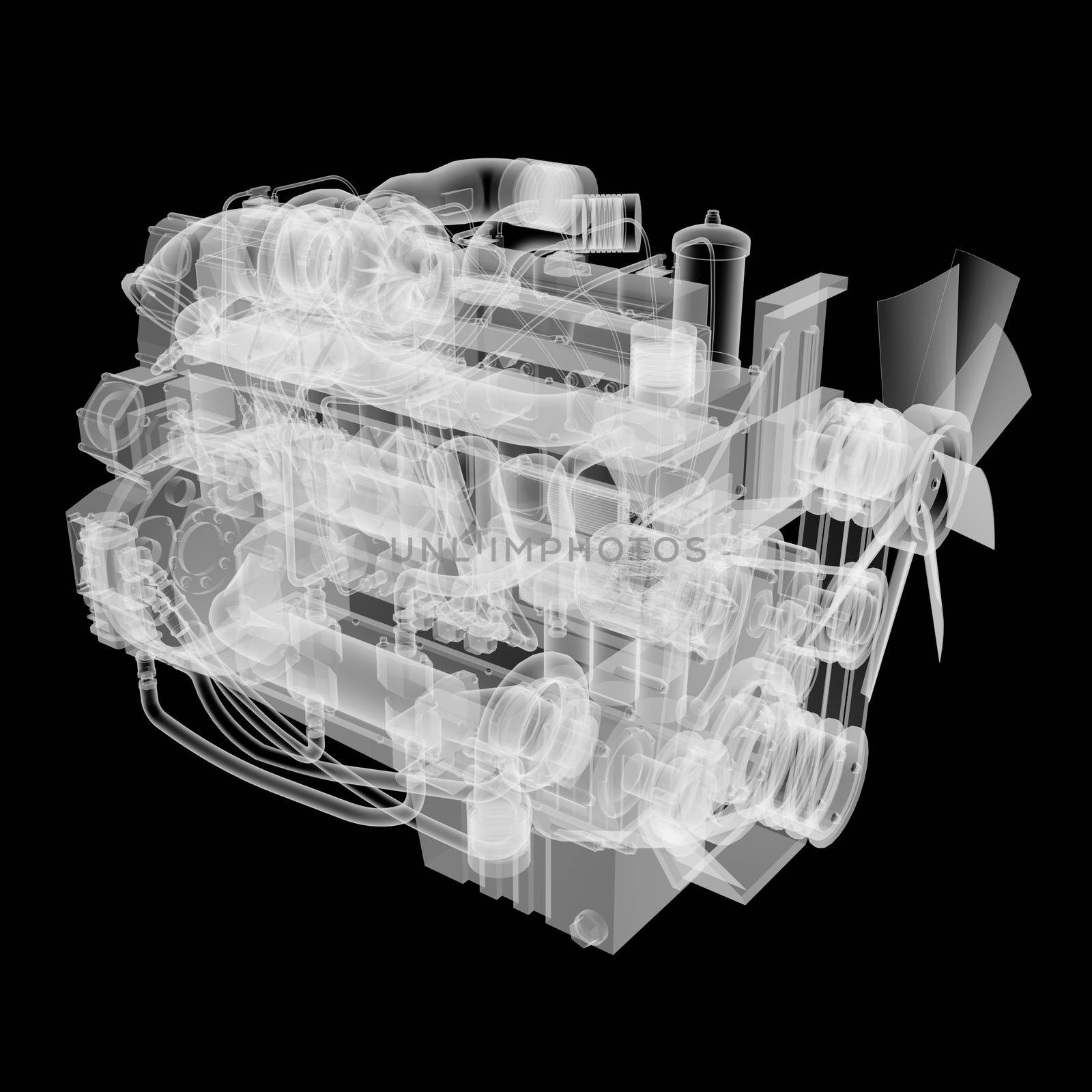 Internal combustion engine X-Ray style. Isolated on black background. 3D illustration