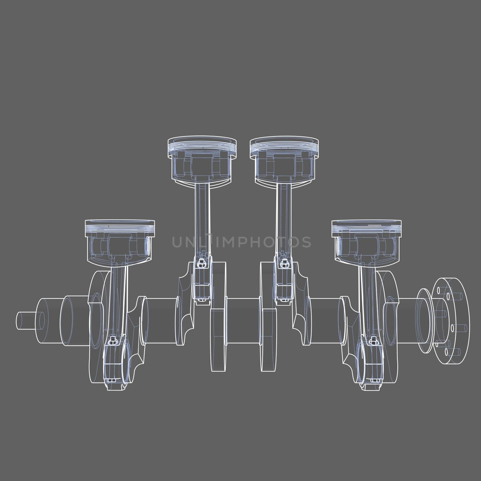 Engine pistons outline. 3D illustration. White lines and grey background