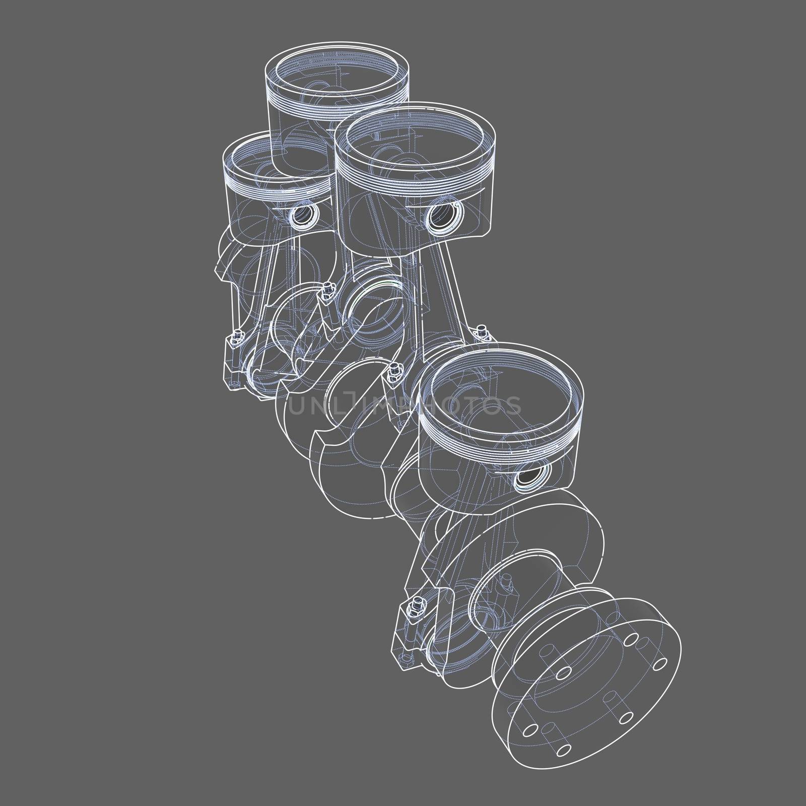 Engine pistons outline. 3D illustration. White lines and grey background