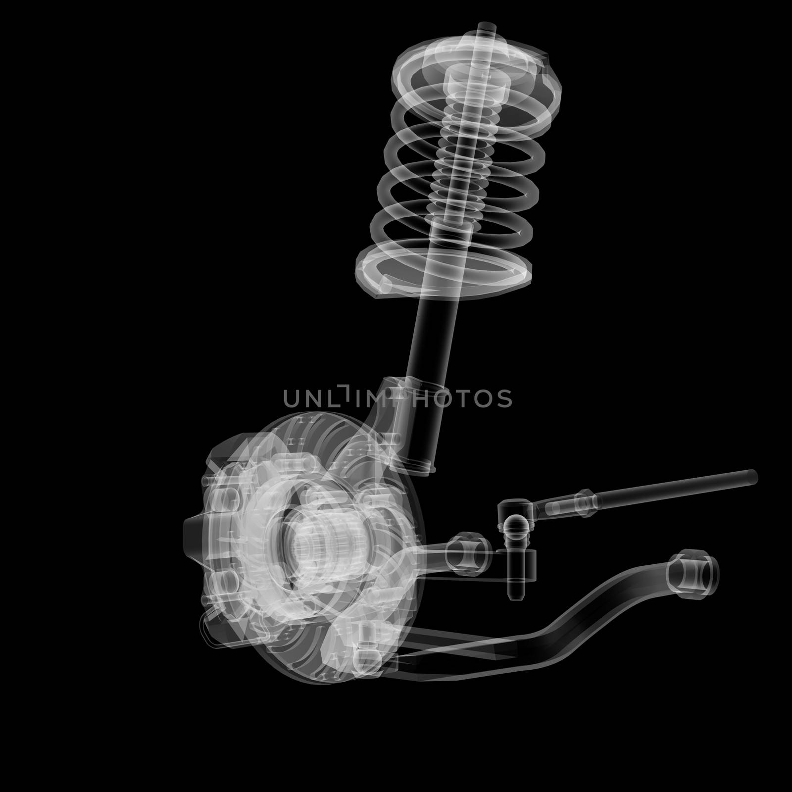 X-ray Car suspension and brake disk on black background, 3d illustration