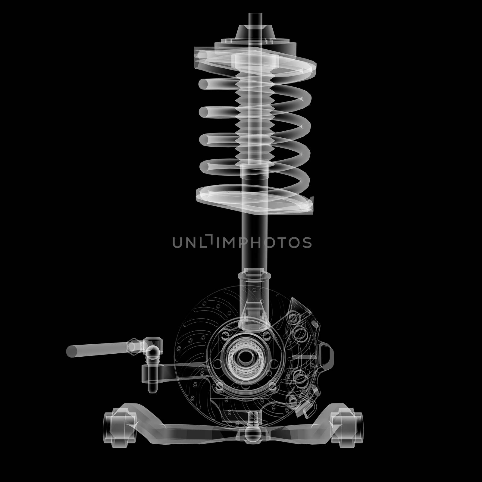 X-ray Car suspension and brake disk on black background, 3d illustration