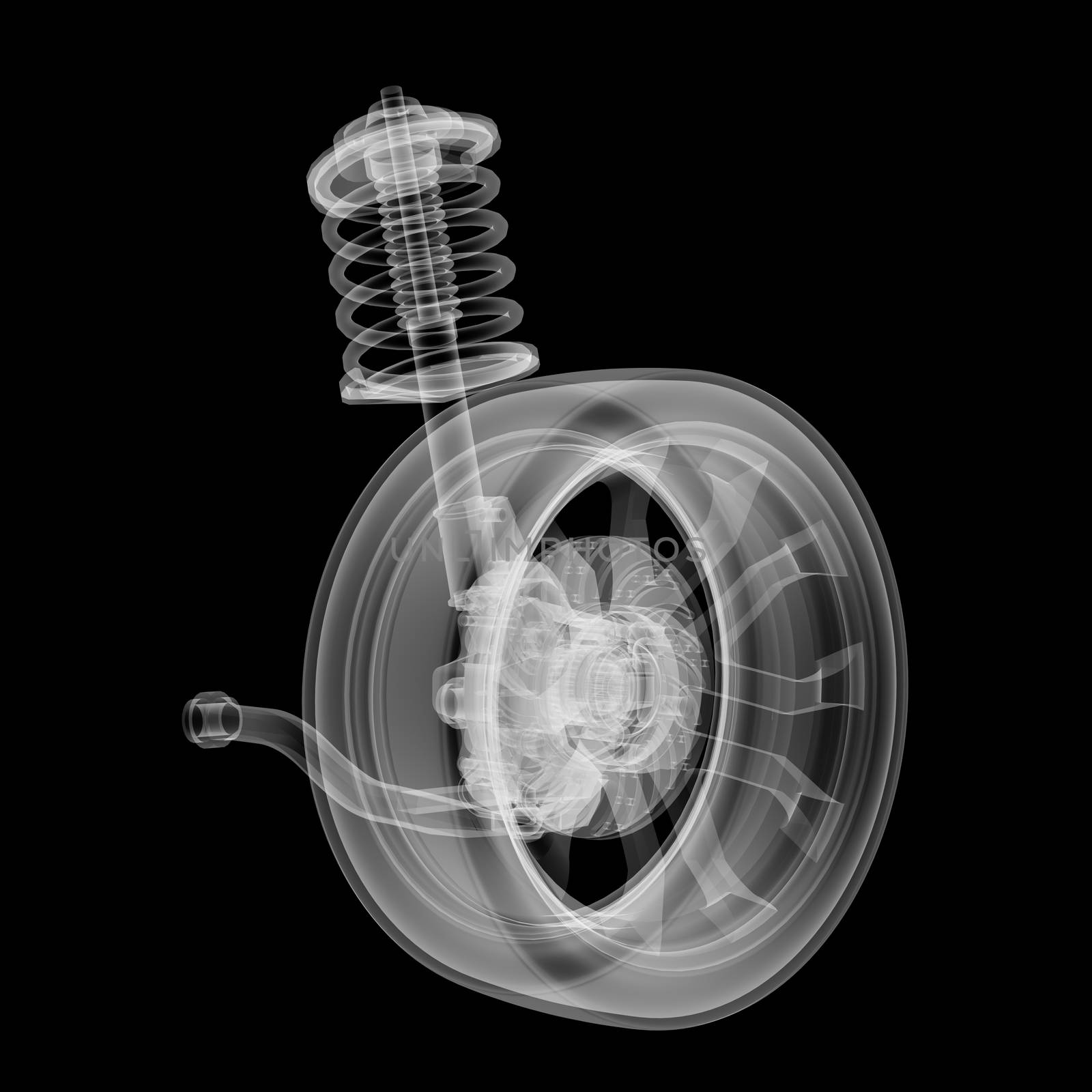 X-ray Car suspension and brake disk on black background, 3d illustration