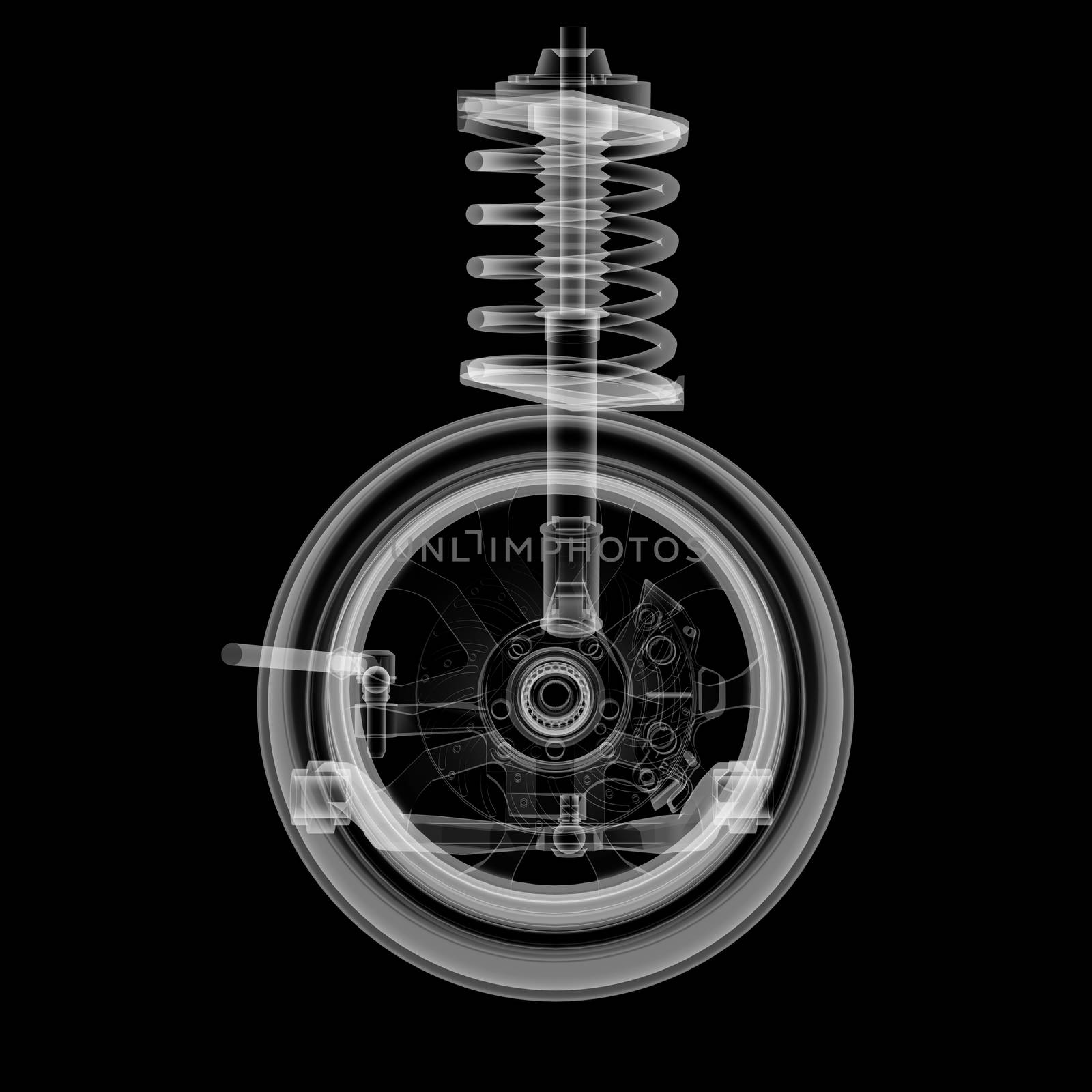 X-ray Car suspension and brake disk on black background, 3d illustration