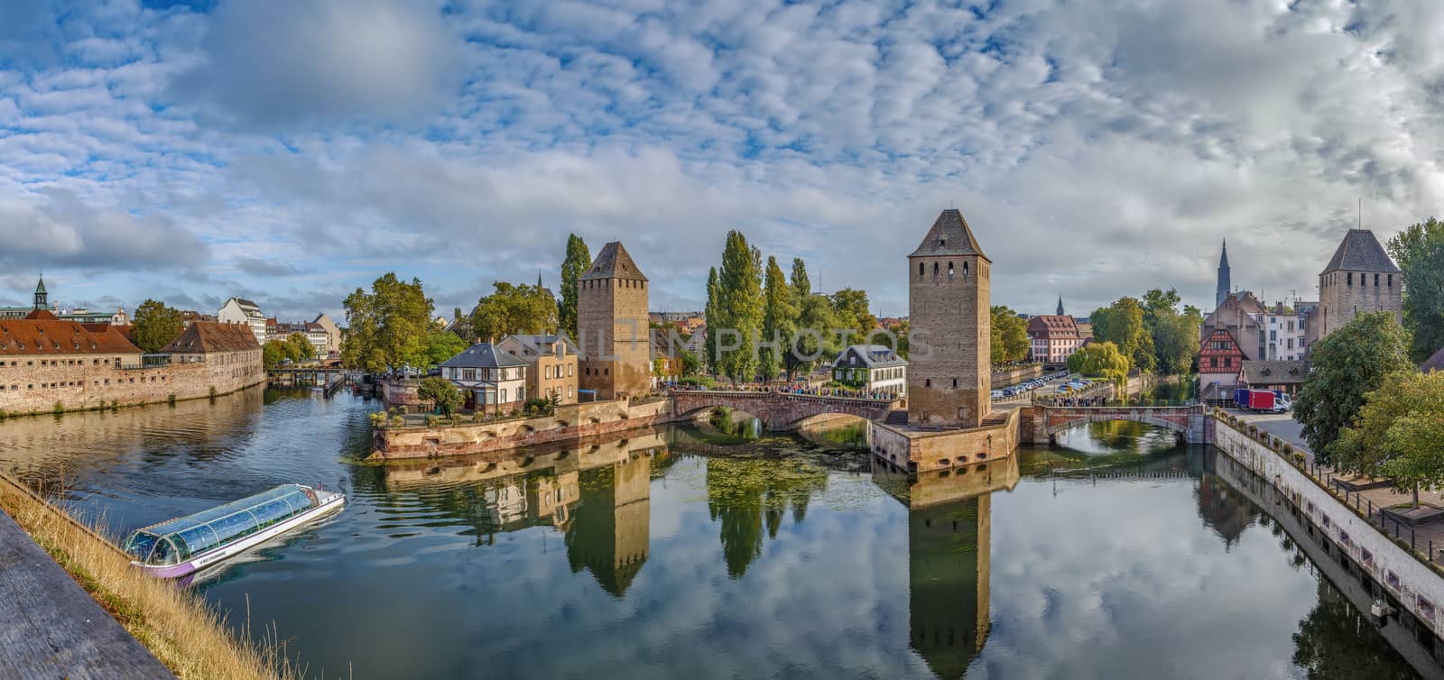 Panorama of  medieval bridge Ponts Couverts from the Barrage Vauban in Strasbourg, France