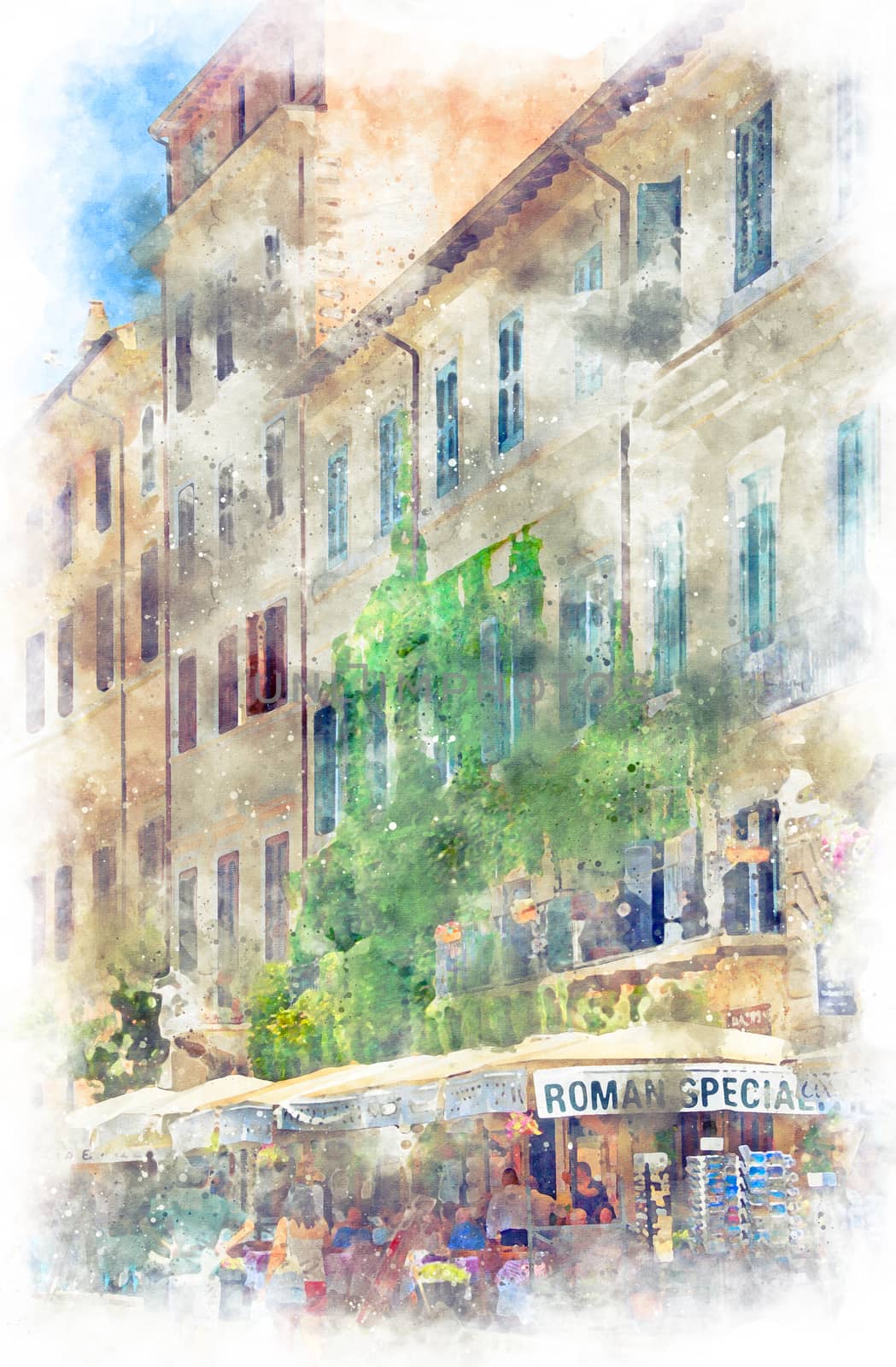 Digital illustration in watercolor style of a Souvenir market and houses at Piazza Navona, Rome, Italy, summer 2018