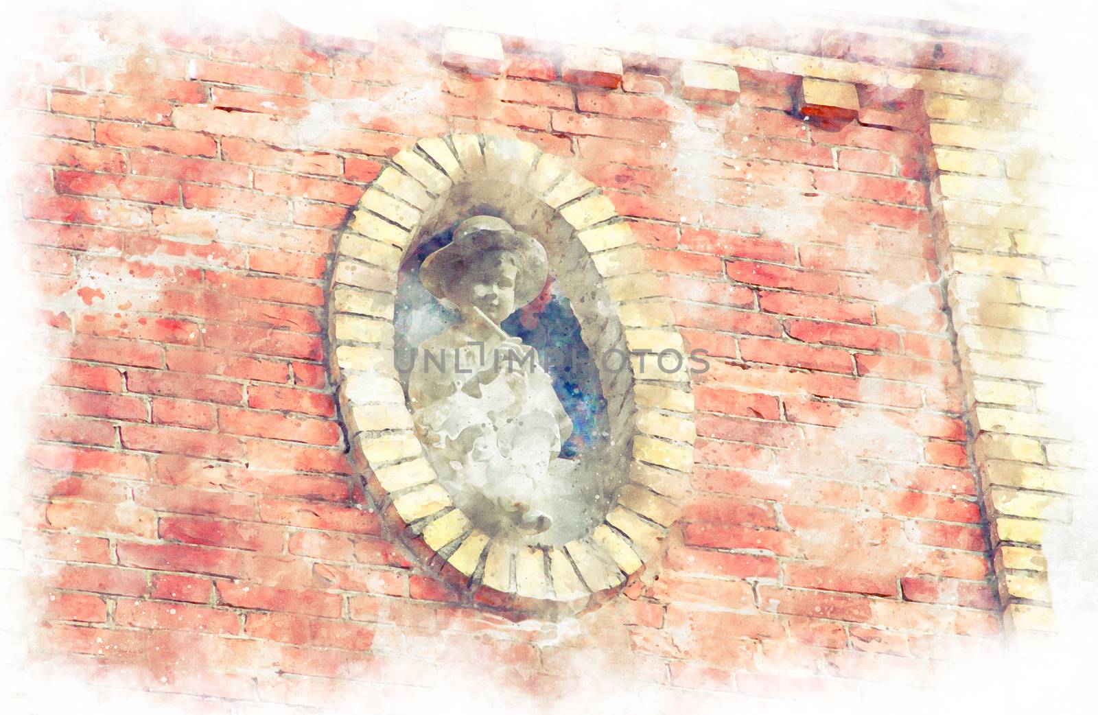 Digital illustration in watercolor style of a Statue of a boy with a pipe on the facade of an old building