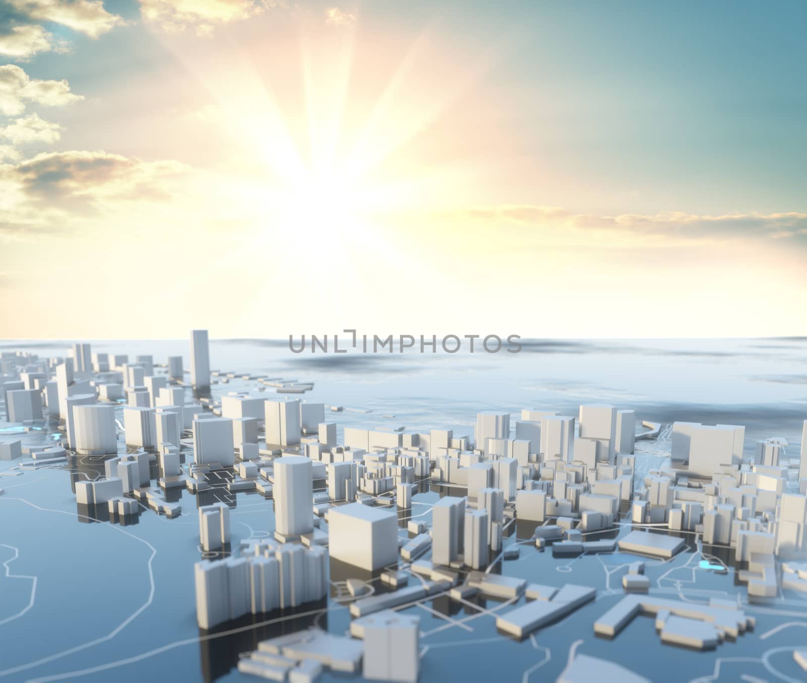 3D illustration. Futuristic City in sunny day by cherezoff