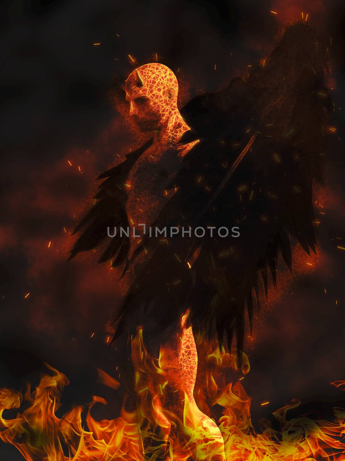 Illustration of the devil character in flames at dark background by ankarb