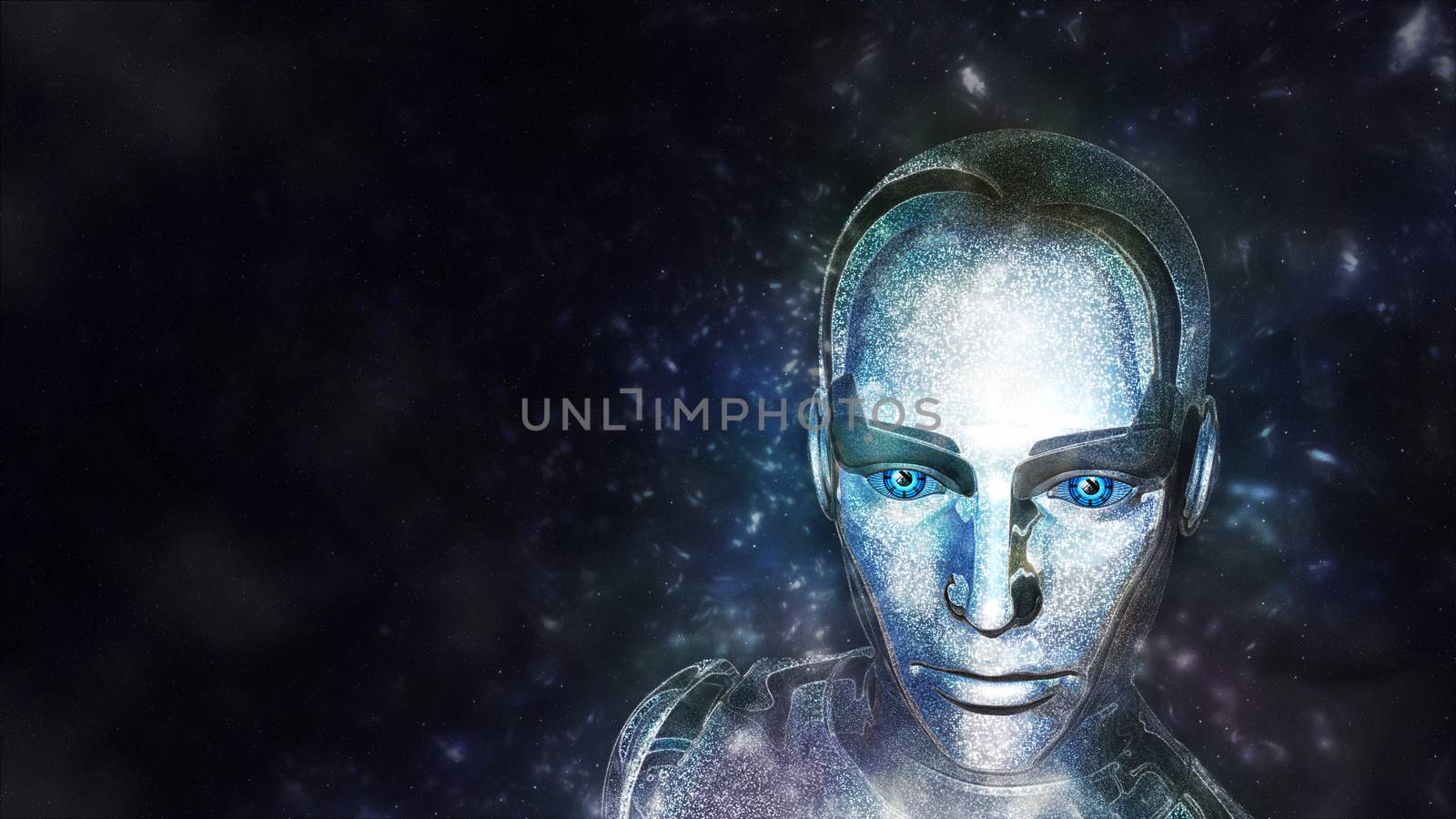 Futuristic female android at space background - 3D rendering