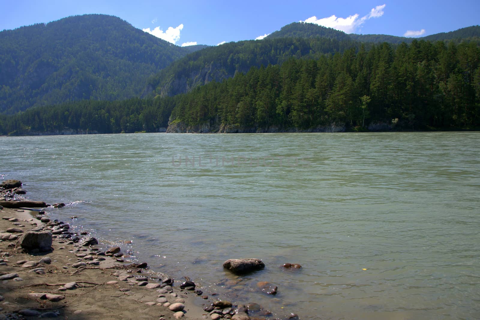 The rocky shore of a calm river on a background of high mountains. Altai, Siberia, Russia.