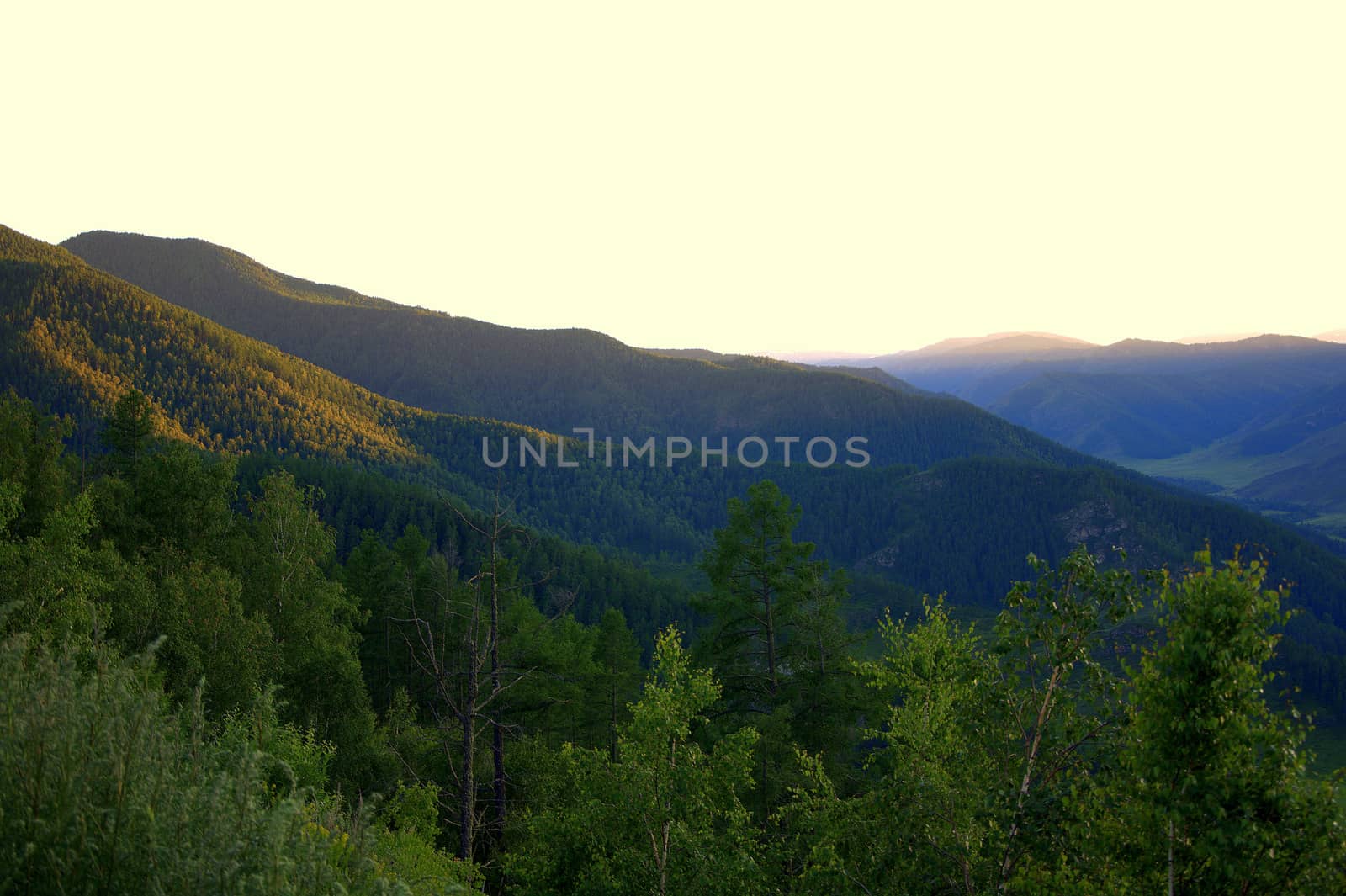 The rays of the setting sun illuminate the slopes of the mountains in orange. Altai, Siberia, Russia.