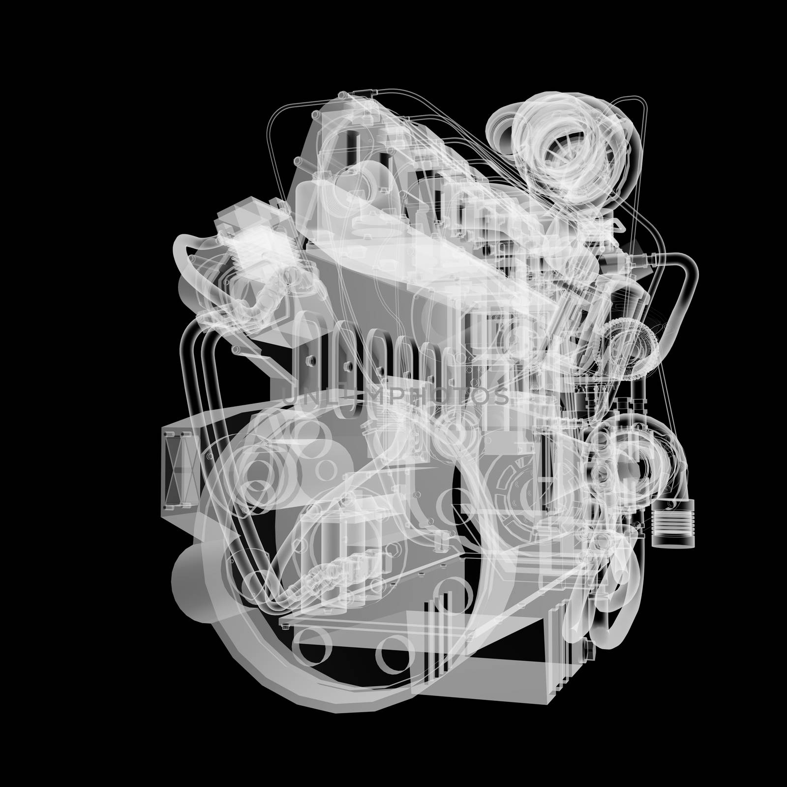 Internal combustion engine X-Ray style. Isolated on black background. 3D illustration